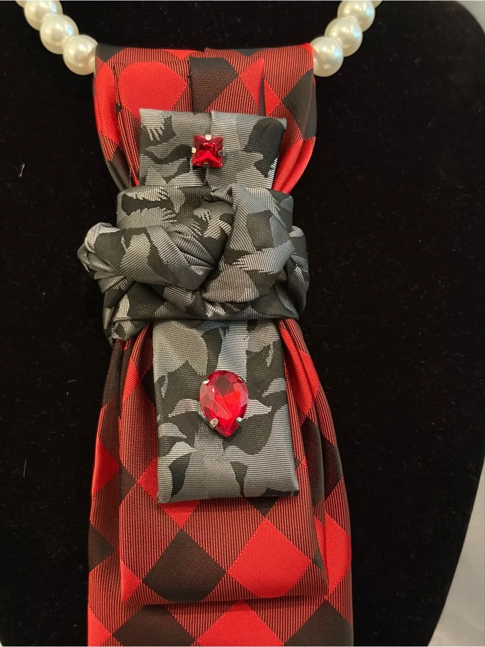 Women’s  Red and Black Plaid Necktie with Gray Floral Accent
